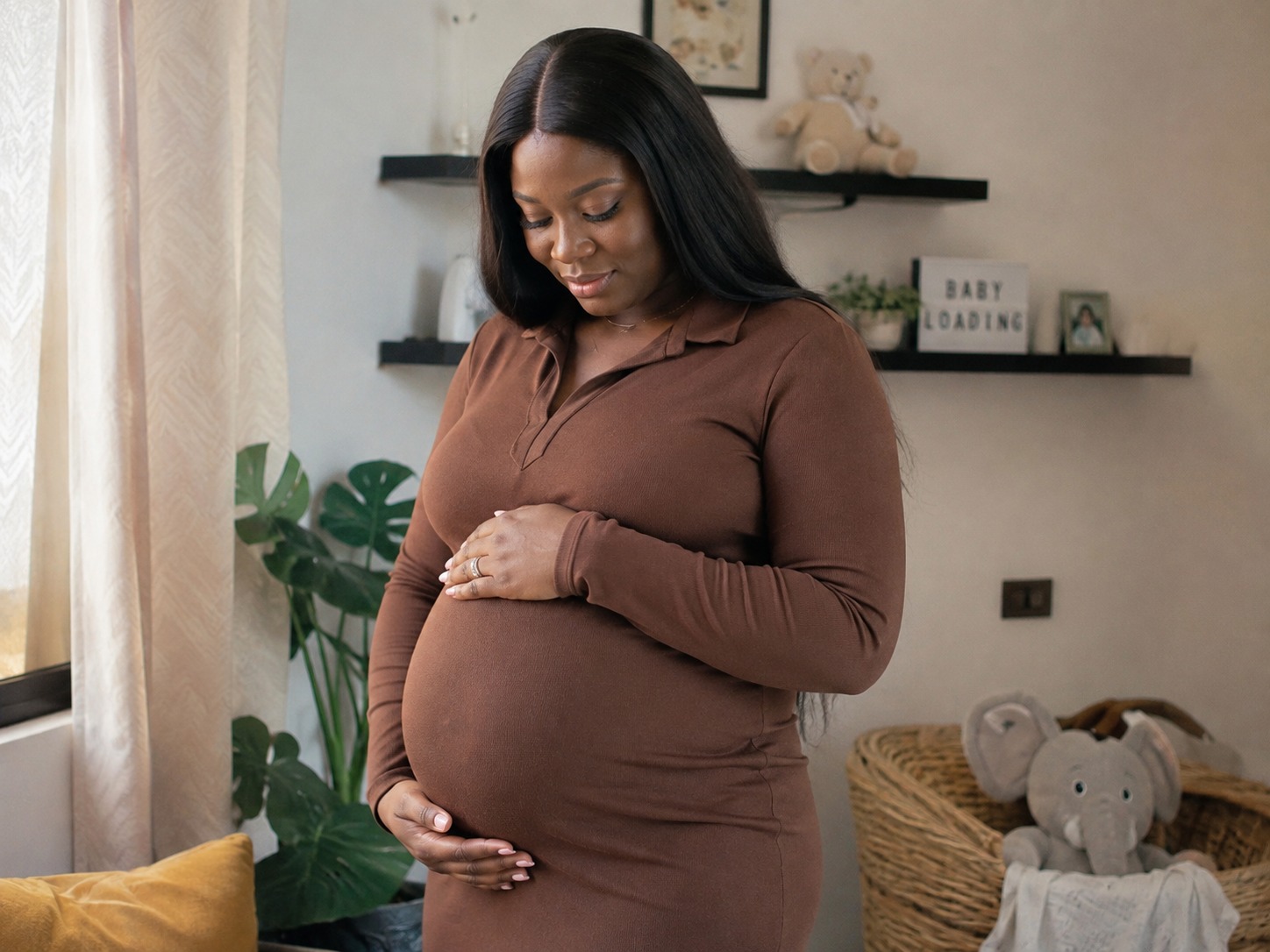 A pregnant woman in a brown dress standing in a nursery, both hands resting on her bump