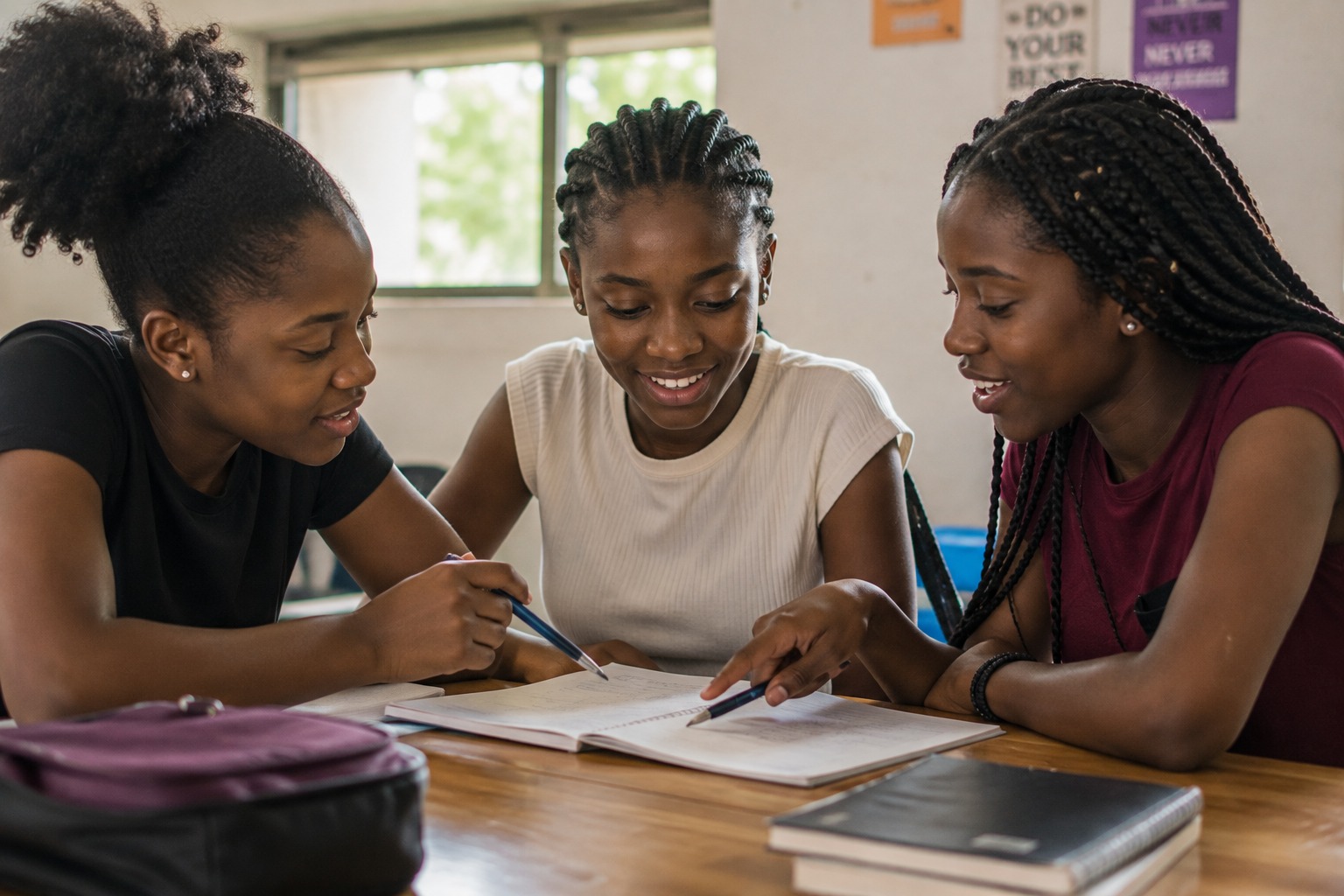 Three young women leaning over an open notebook together, working through it side by side