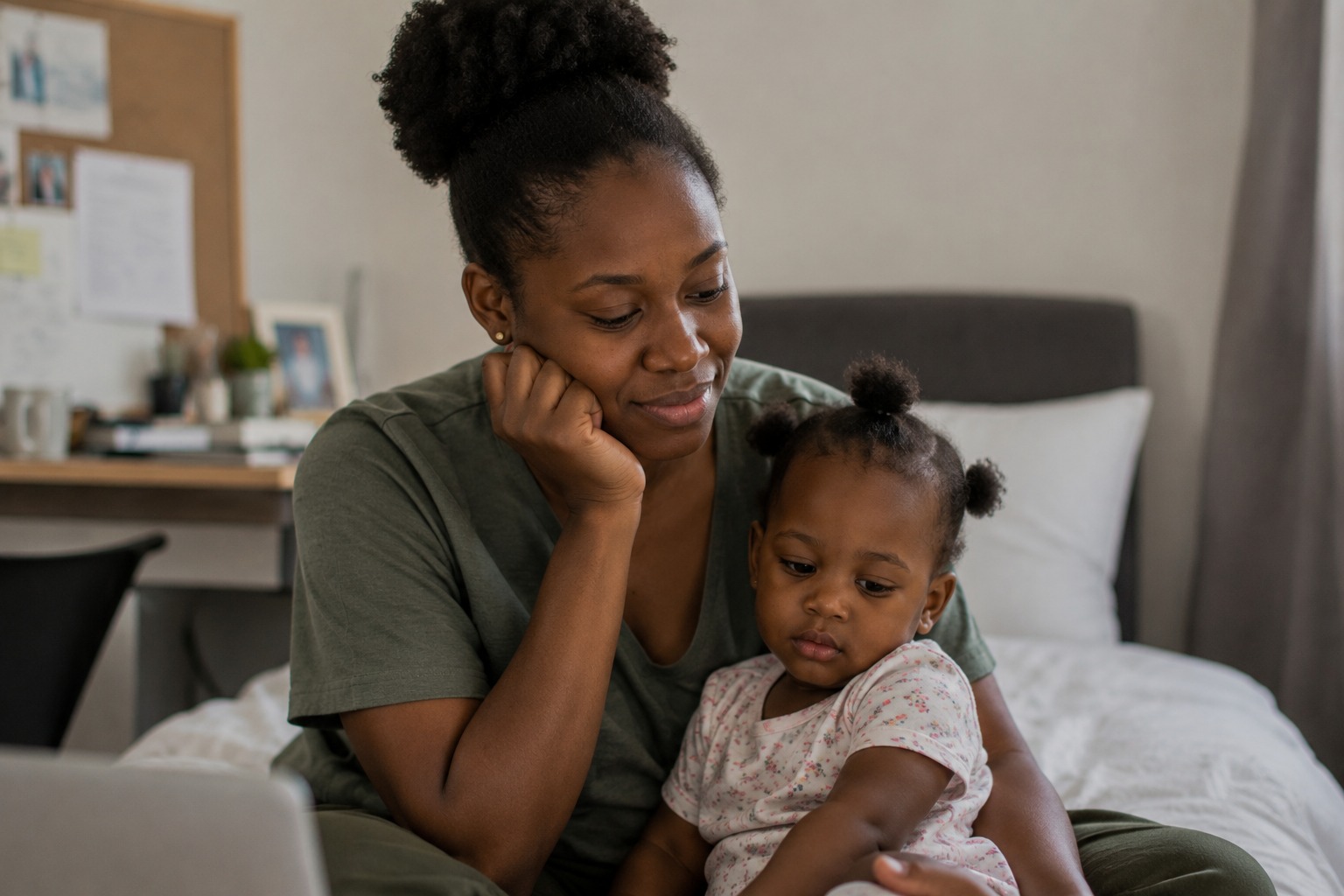 A woman sitting on a bed with her small daughter on her lap, an open laptop in front of them