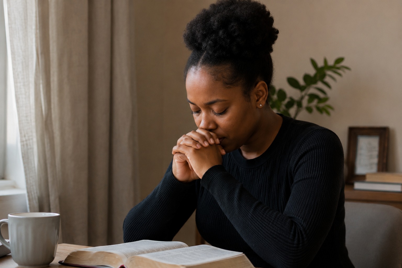 A woman sitting at a table with her hands clasped and her head bowed over an open Bible