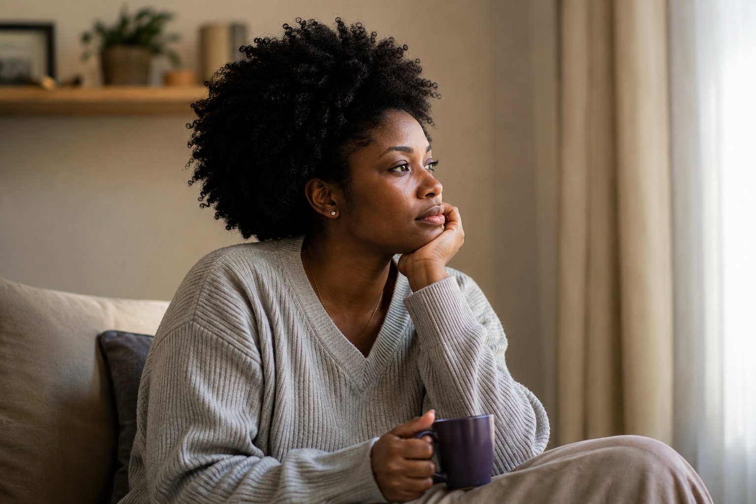 A woman in a grey jumper sitting on a sofa with a mug, looking out of the window