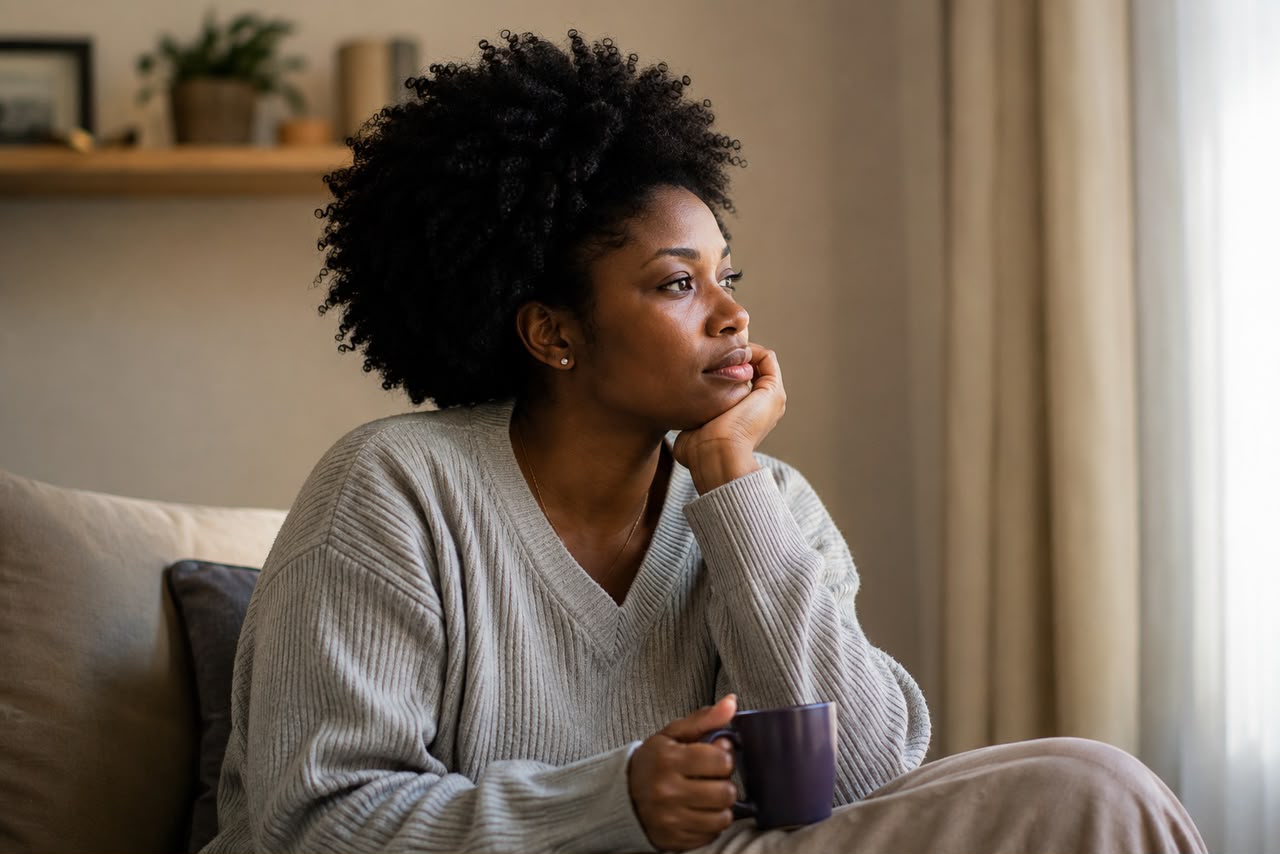 A woman resting her chin on her hand, holding a mug and looking thoughtfully out of a window
