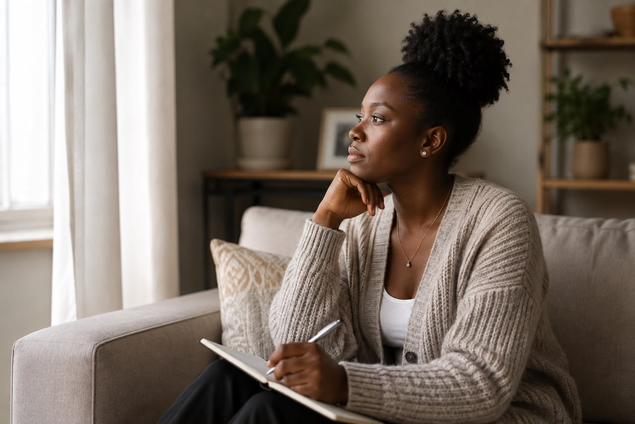 A woman in a beige cardigan sitting on a sofa, pen in hand over an open notebook, looking thoughtfully out of a window