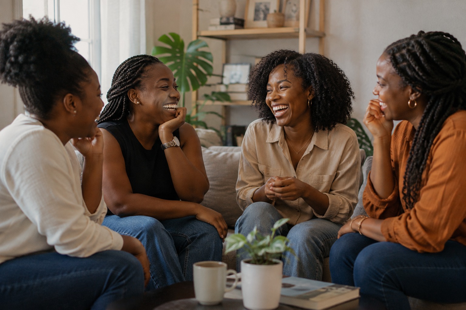 Four women sitting together on a sofa, all laughing mid-conversation