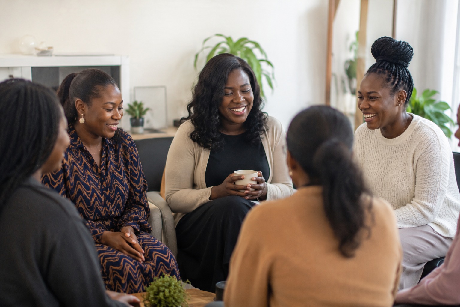 A circle of women seated together in a bright living room, one holding a mug and smiling